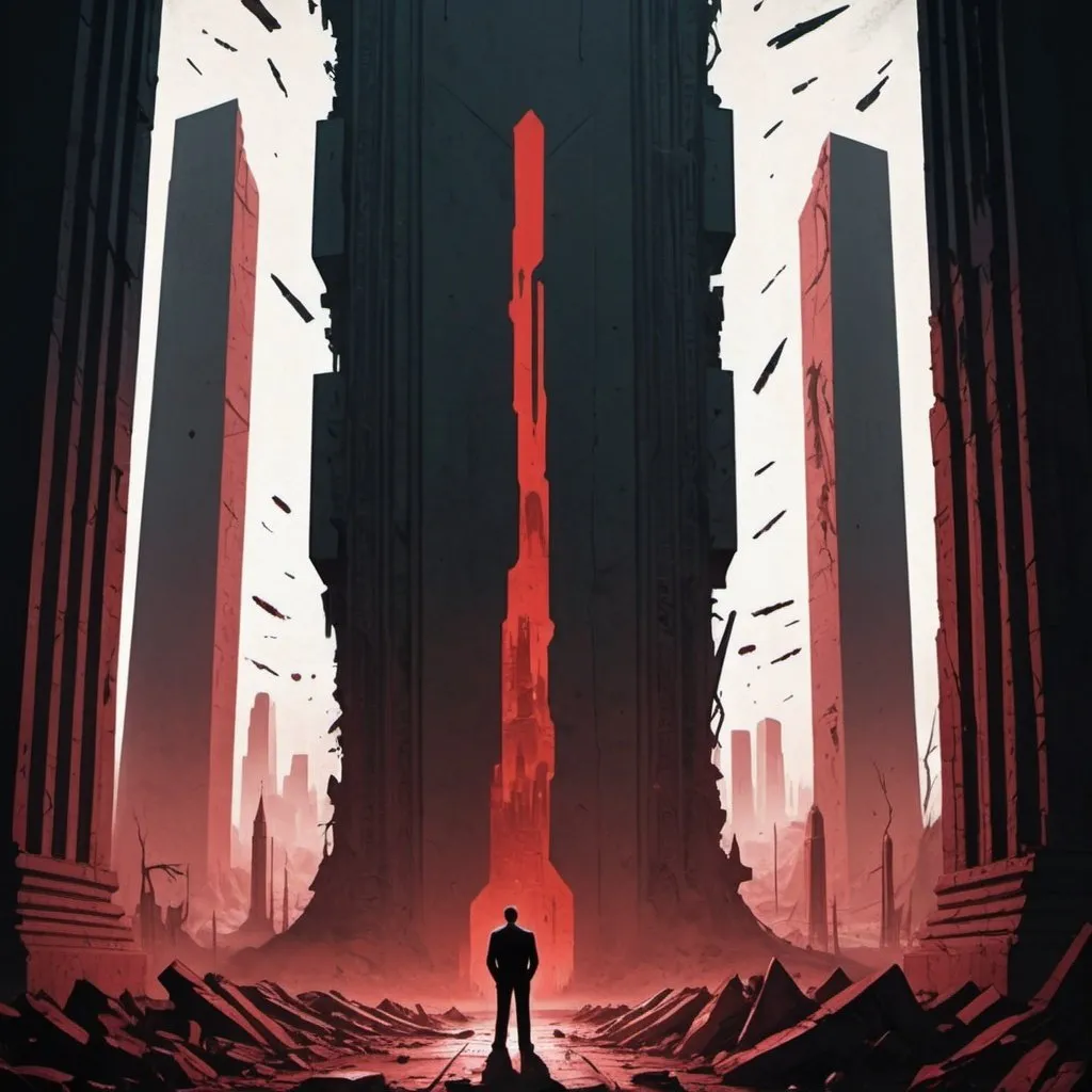 Prompt: Dystopian , poster, 50s, concept art, Bloody boodies around a strange broken monolith of panels and dark tech,  a man made of shadow shapes stands in front looking at the pillar. and USA 50's propaganda.

