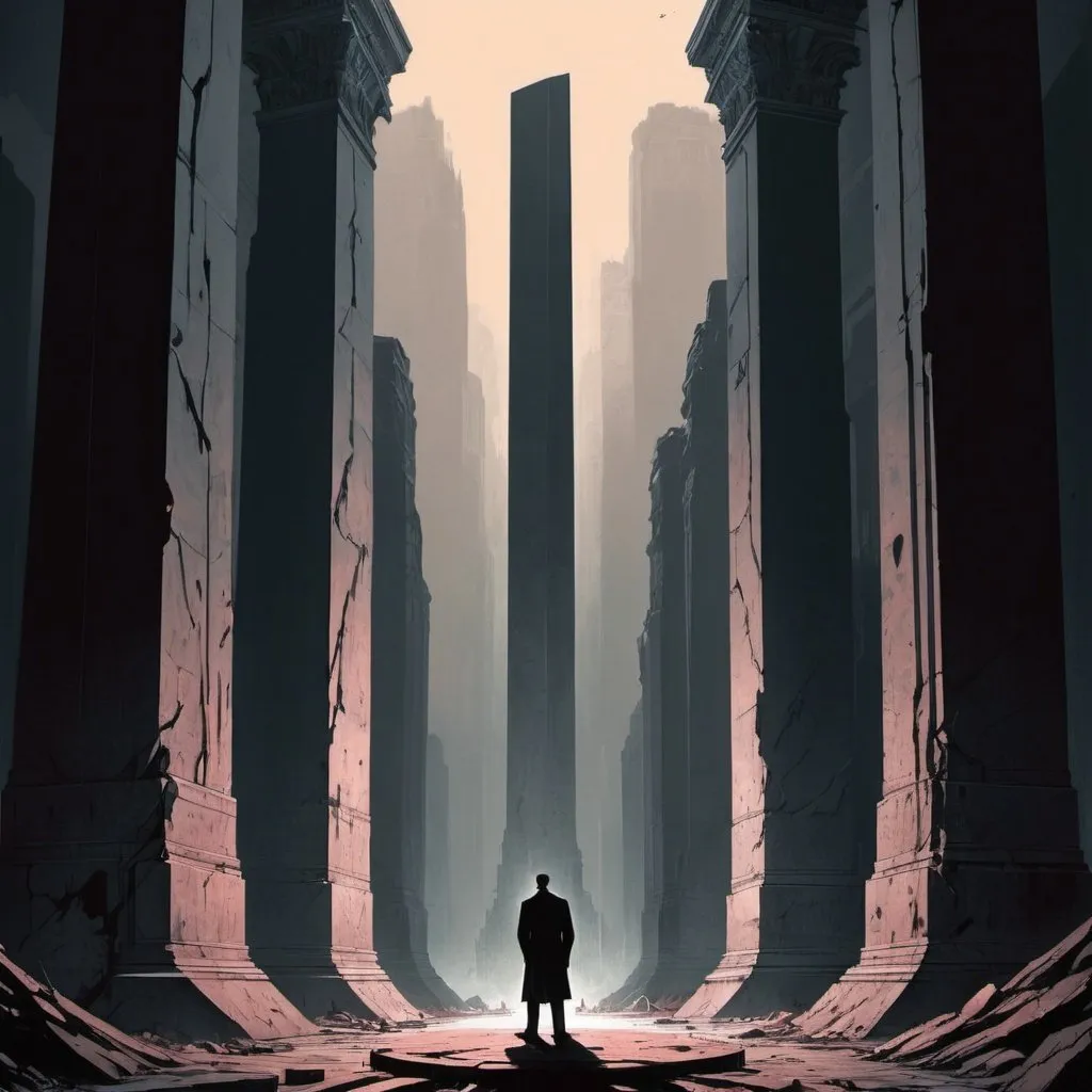 Prompt: Dystopian , poster, 50s, concept art, Bloody boodies around a strange broken monolith of panels and dark tech,  a tall hunched man made of shadow shapes stands in front looking at the pillar. and USA 50's propaganda.


