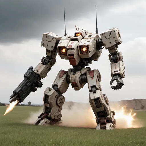 Prompt: Battle mech thunderbolt on the open field, firing into the distance, with heavy battle damage.