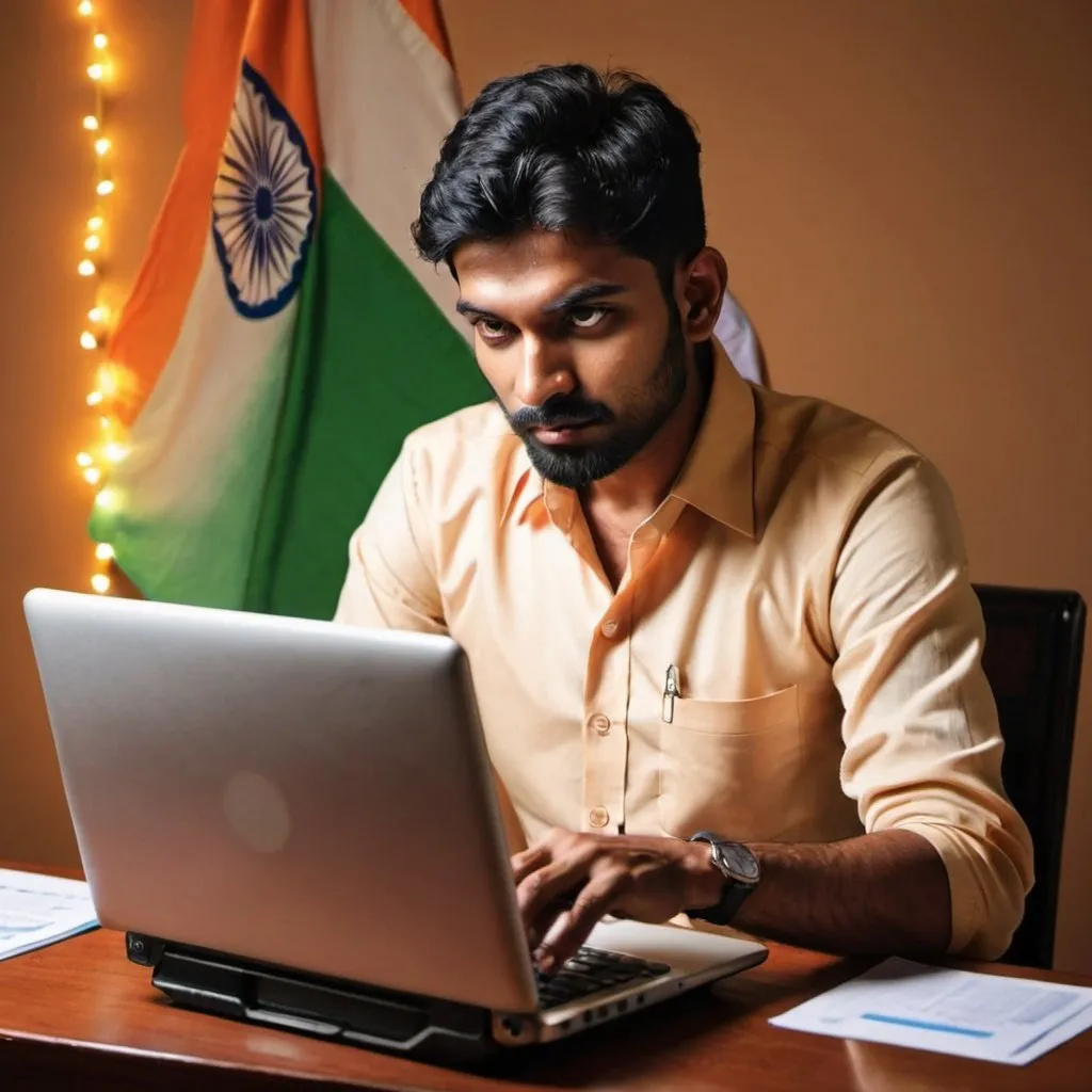 Prompt: Indian men, scam center floating in the glowing internet 
