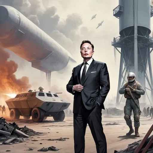 Prompt: Dystopian, poster, 50s, concept art, Elon musk, hiding from rioters outside spaceX, and USA cold war propaganda.
