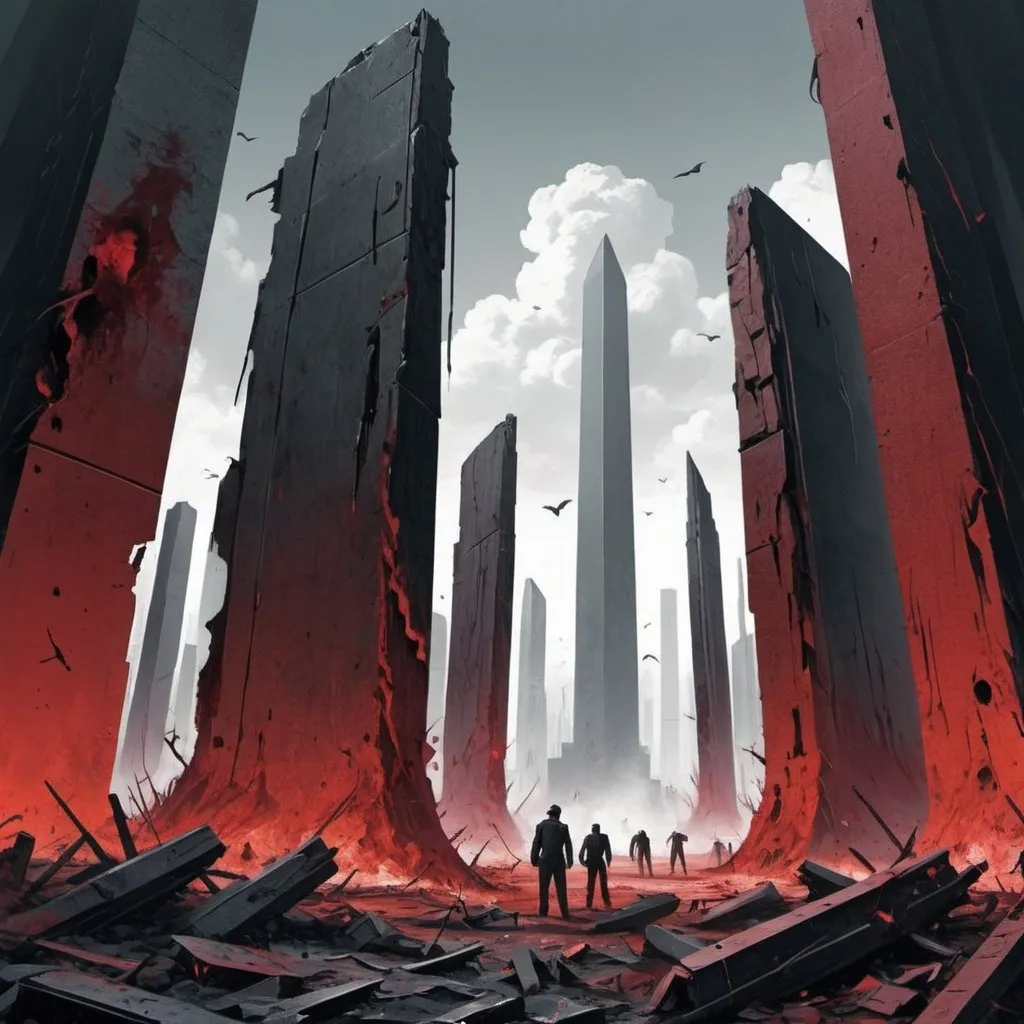 Prompt: Dystopian , poster, 50s, concept art, Bloody boodies around a strange broken monolith of panels and dark tech, Dead bodies around pillar. and USA 50's propaganda.


