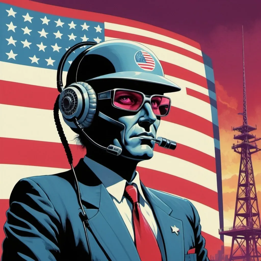 Prompt: Dystopian, poster, 80s, concept art, telecommunications internet business, and USA 80's propaganda.
