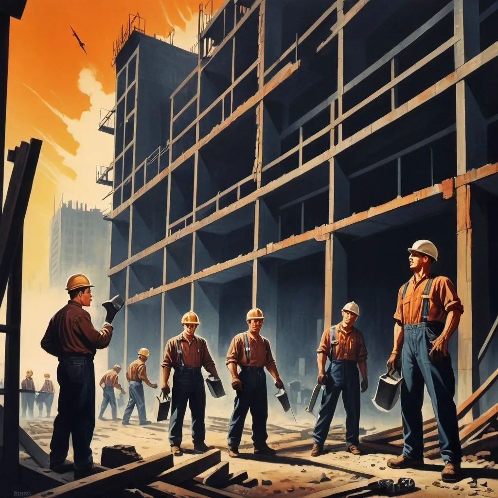 Prompt: Dystopian , poster, 50s, concept art, Dark Construction workers at a build stie. and USA 50's propaganda.

