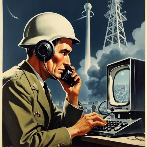 Prompt: Dystopian, poster, 50s, concept art, about telecoms industry, and USA cold war propaganda.
