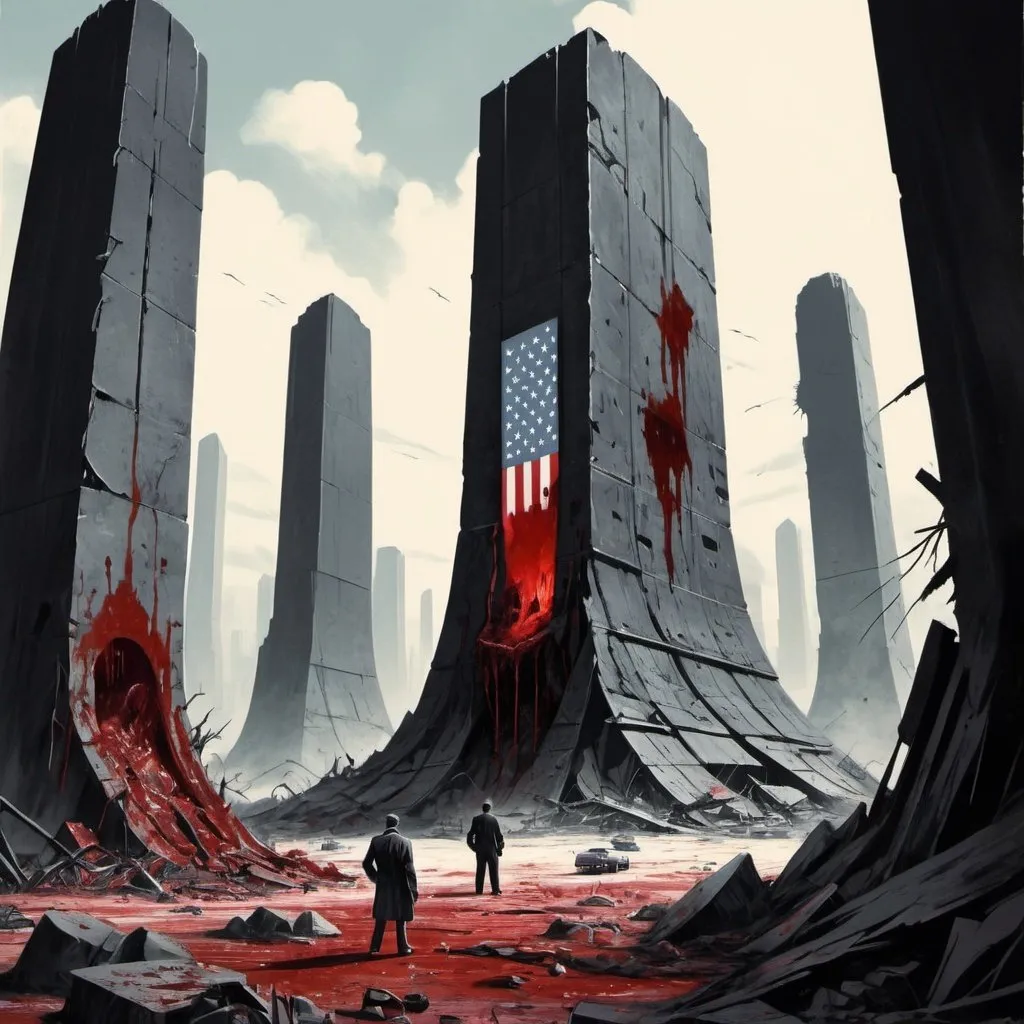 Prompt: Dystopian , poster, 50s, concept art, Bloody boodies around a strange broken monolith of panels and dark teck, and USA 50's propaganda.

