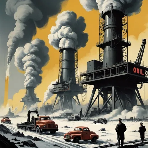 Prompt: Dystopian, poster, 50s, concept art, about oil industry, and USA cold war propaganda.
