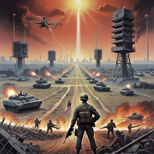 Prompt: Dystopian battle field, poster, 80s, concept art, telecommunications internet business, and USA 80's propaganda.
