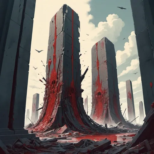 Prompt: Dystopian , poster, 50s, concept art, Bloody boodies around a strange broken monolith of panels and dark tech, Dead bodies around pillar. and USA 50's propaganda.


