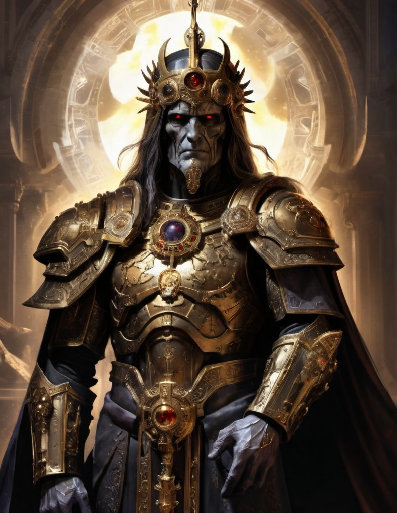 Prompt: he Emperor of Mankind also referred to by the Imperial Cult and the Adeptus Ministorum as the God-Emperor of Mankind is the sovereign ruler of the Imperium of Man, and Father, Guardian, and God of the human race. He has sat immobile within the Golden Throne of Terra for ten thousand years. Although once a living man, His shattered body can no longer support life, and remains intact only by a combination of ancient technology and the sheer force of His will, itself sustained by the soul-sacrifice of countless millions of psykers.[2]