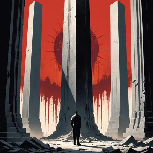 Prompt: Dystopian , poster, 50s, concept art, Bloody boodies around a strange broken monolith of panels and dark tech,  a tall hunched man made of shadow shapes stands in front looking at the pillar. and USA 50's propaganda.

