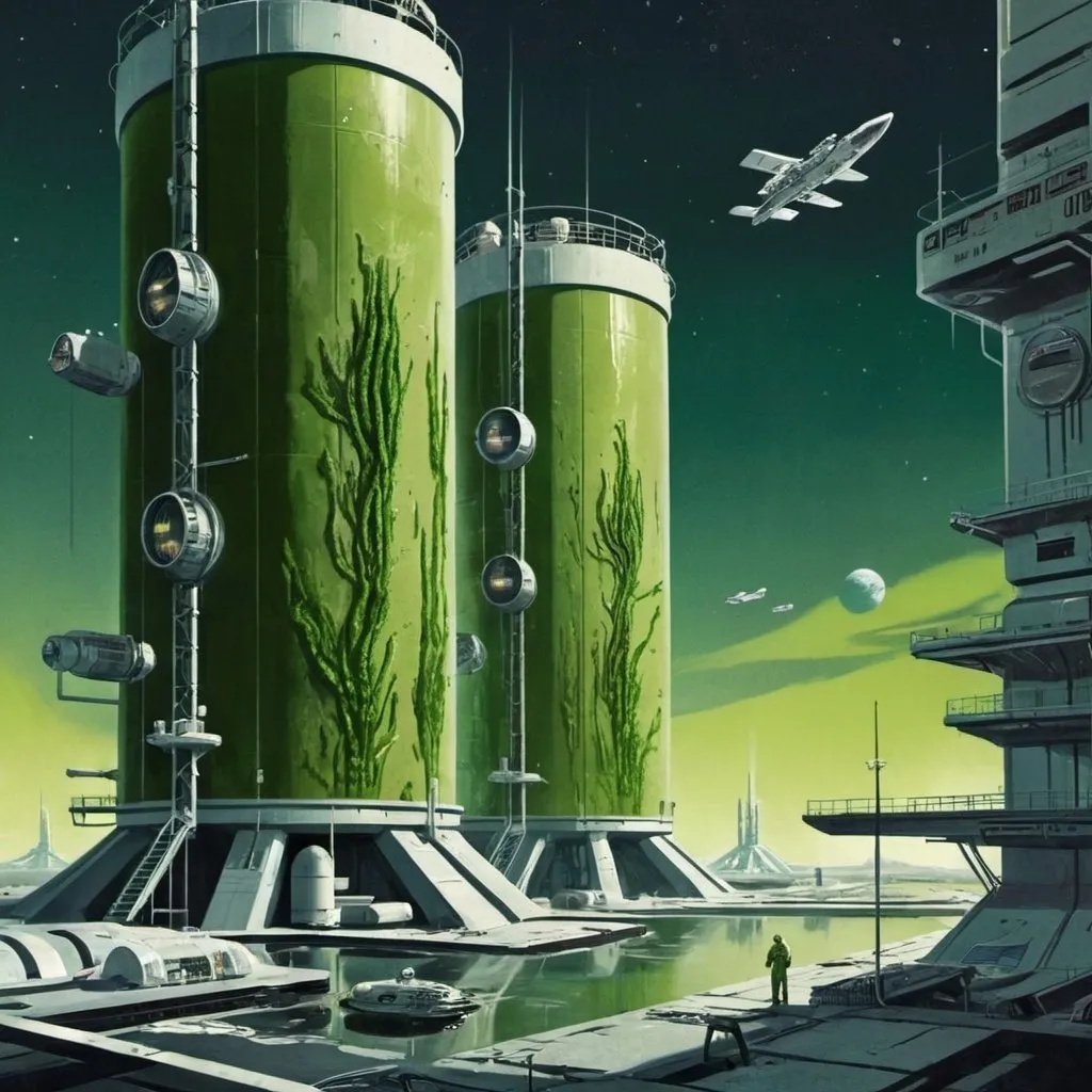 Prompt: Dystopian, poster, 50s, concept art, Algae vats on a space station, and USA cold war propaganda.
