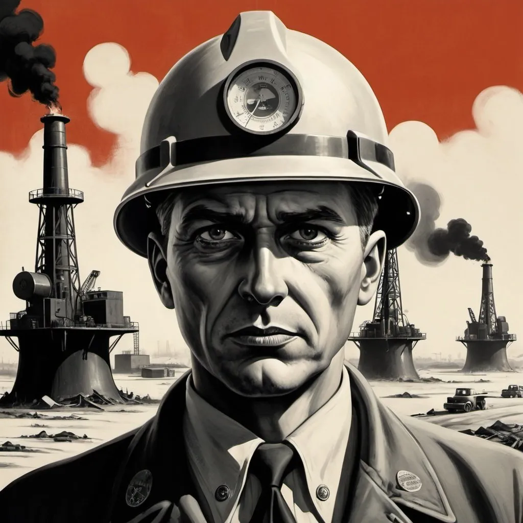 Prompt: Dystopian, poster, 50s, concept art, about oil industry, and USA cold war propaganda.
