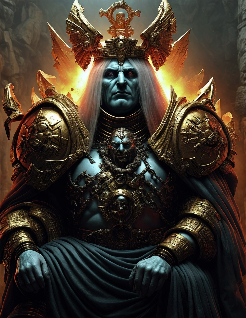 Prompt: he Emperor of Mankind also referred to by the Imperial Cult and the Adeptus Ministorum as the God-Emperor of Mankind is the sovereign ruler of the Imperium of Man, and Father, Guardian, and God of the human race. He has sat immobile within the Golden Throne of Terra for ten thousand years. Although once a living man, His shattered body can no longer support life, and remains intact only by a combination of ancient technology and the sheer force of His will, itself sustained by the soul-sacrifice of countless millions of psykers.[2]