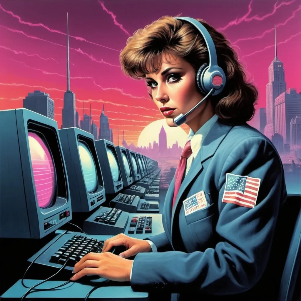 Prompt: Dystopian, poster, 80s, concept art, telecommunications internet business, and USA 80's propaganda.
