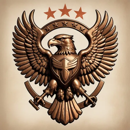 Prompt: Image of bronze Double headed eagle logo.
Dystopian , poster, 50s, concept art,  and USA 50's propaganda.
 