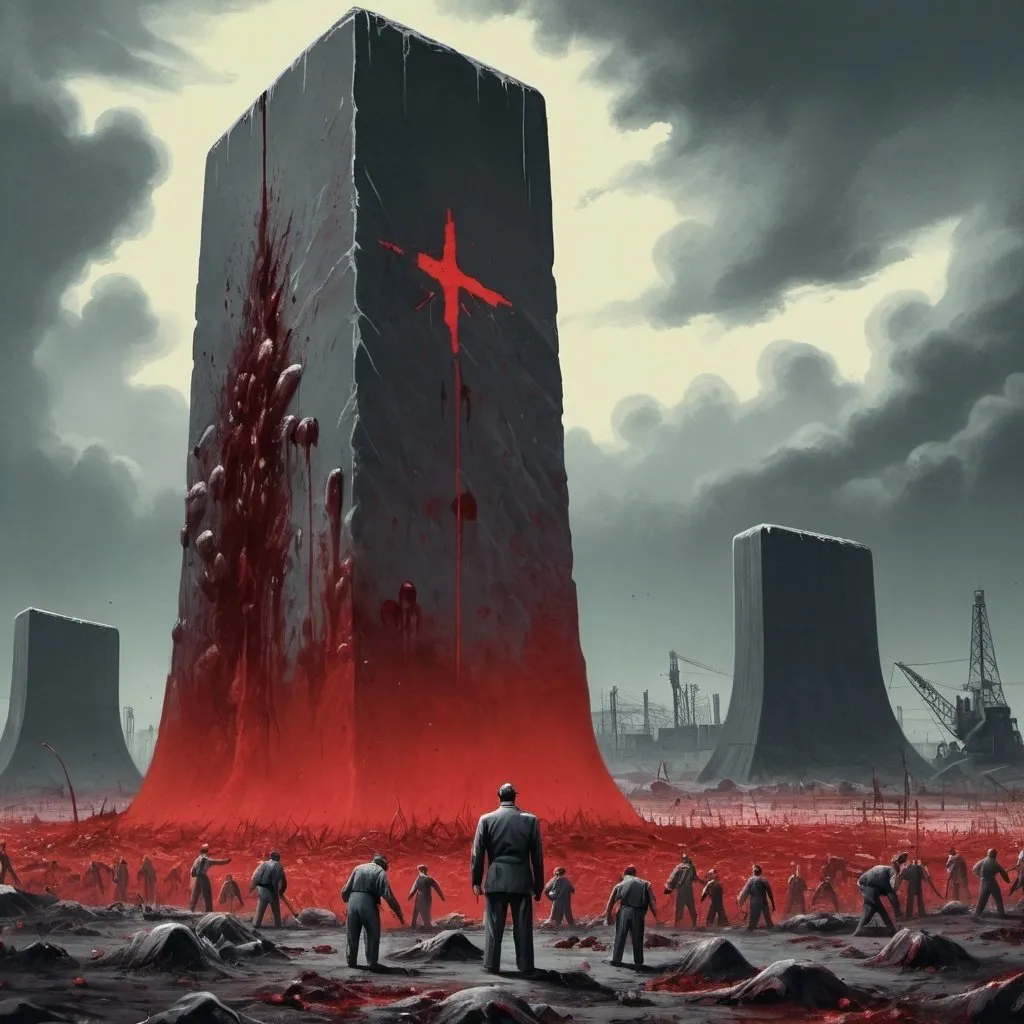 Prompt: Dystopian, poster, 50s, concept art, Blood soaked corpse fields,gaint monolith, Dark Archotech. and USA cold war propaganda.
