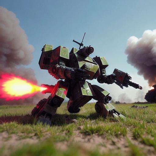 Prompt: Battlemech "Uziel" on the open field, firing into the distance, with heavy battle damage.