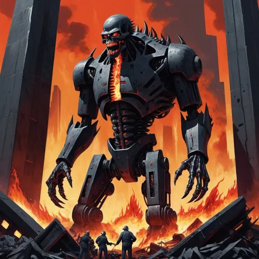 Prompt: Dystopian , poster, 50s, concept art, Bloody Boodies around a strange broken monolith of panels and dark tech, huge dark monster machine covered in flames. and USA 50's propaganda.

