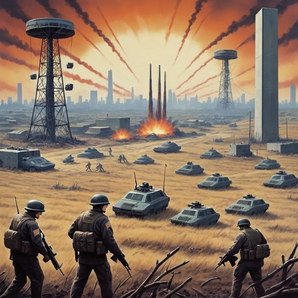 Prompt: Dystopian , battle field poster, 90s, concept art, telecommunications internet business, and USA 90's propaganda.
