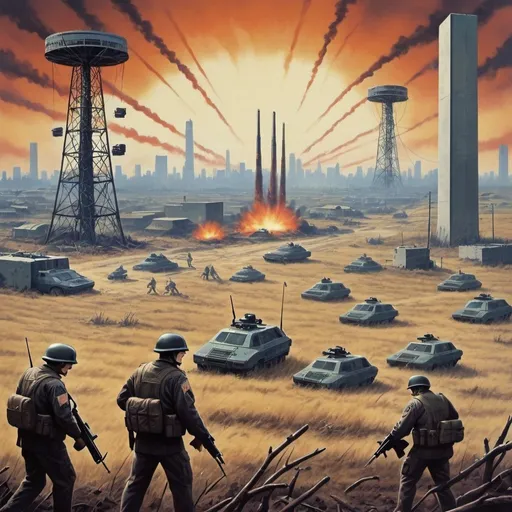 Prompt: Dystopian , battle field poster, 90s, concept art, telecommunications internet business, and USA 90's propaganda.
