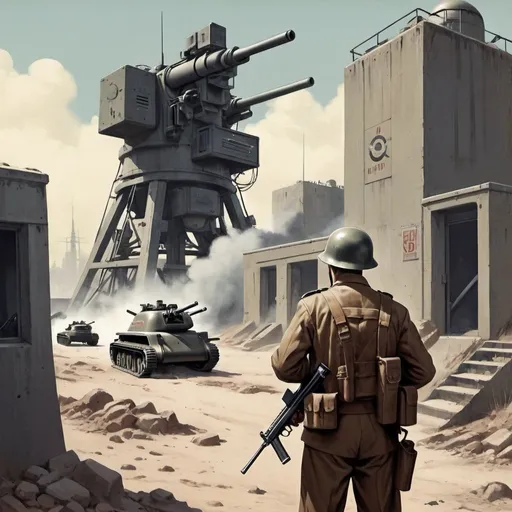 Prompt: Dystopian , poster, 50s, concept art,  machine gun emplacement, and 50's propaganda.


