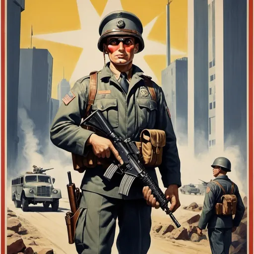 Prompt: Dystopian , poster, 50s, concept art, Bukers,secuirty,army,  and USA 50's propaganda.



