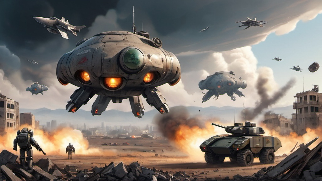 Prompt: mech's on a field of rubble that was once a city, smoke rising on the horizon, giant round drop pod in the sky, under attack by fighter jets.
