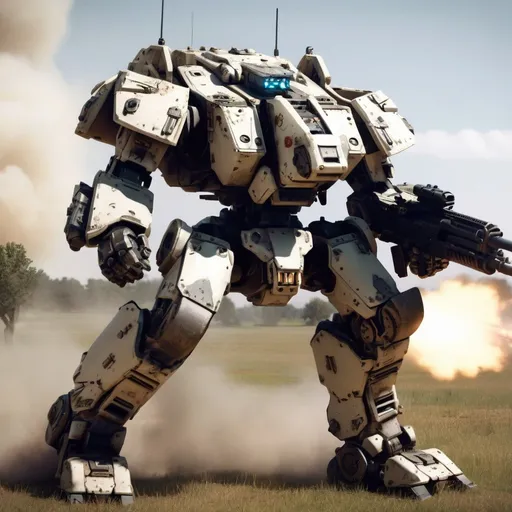 Prompt: Battlemech "Uziel" on the open field, firing into the distance, with heavy battle damage.