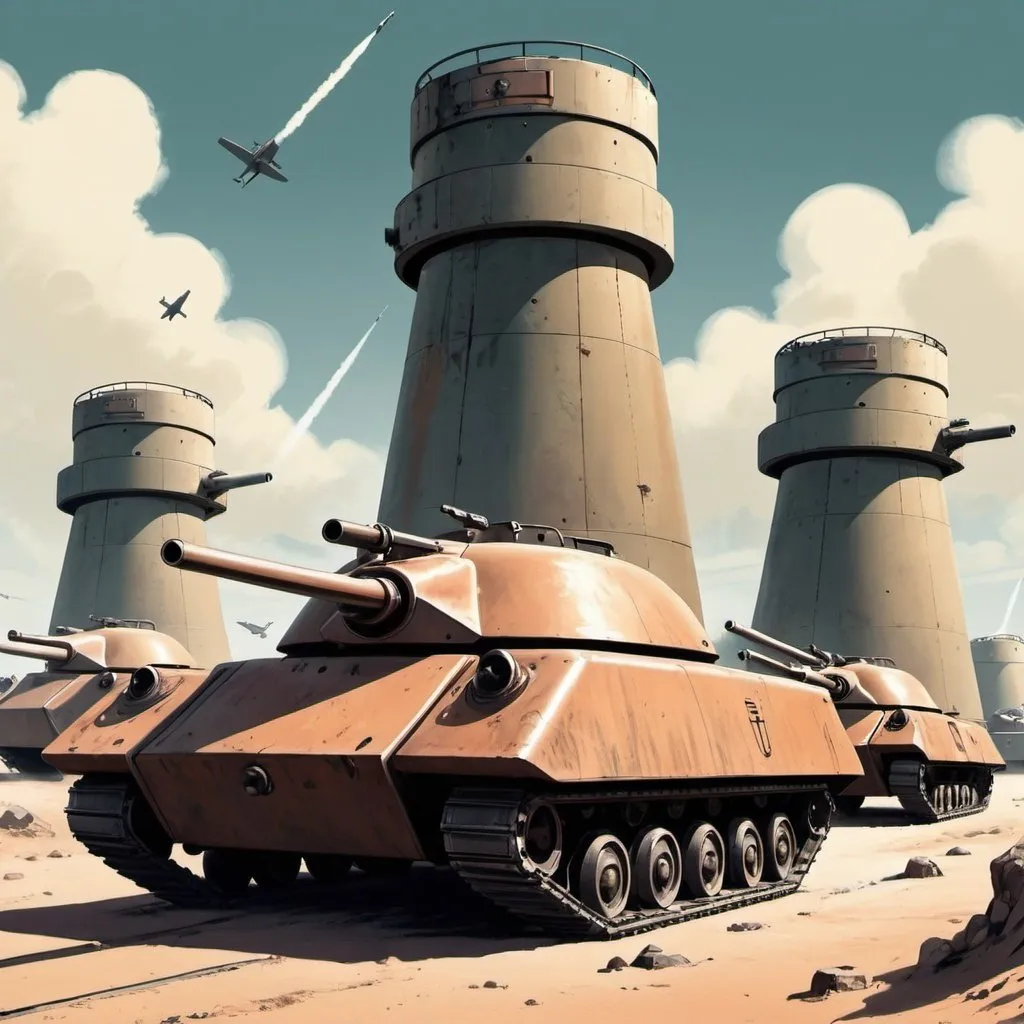 Prompt: Dystopian , poster, 50s, concept art,  line of bunker gun turrets, and 50's propaganda.


