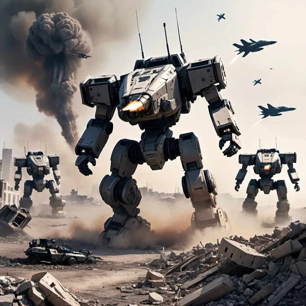 Prompt: 4 Battle-tech Battlemech's on a field of rubble that was once a city, smoke rising on the horizon drop pod in the sky, under attack by fighter jets.