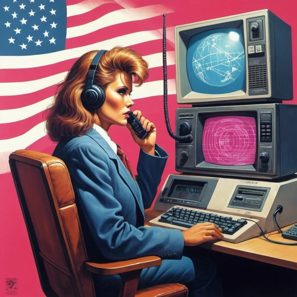 Prompt: Dystopian, poster, 80s, concept art, telecommunications internet business, and USA 80's propaganda.
