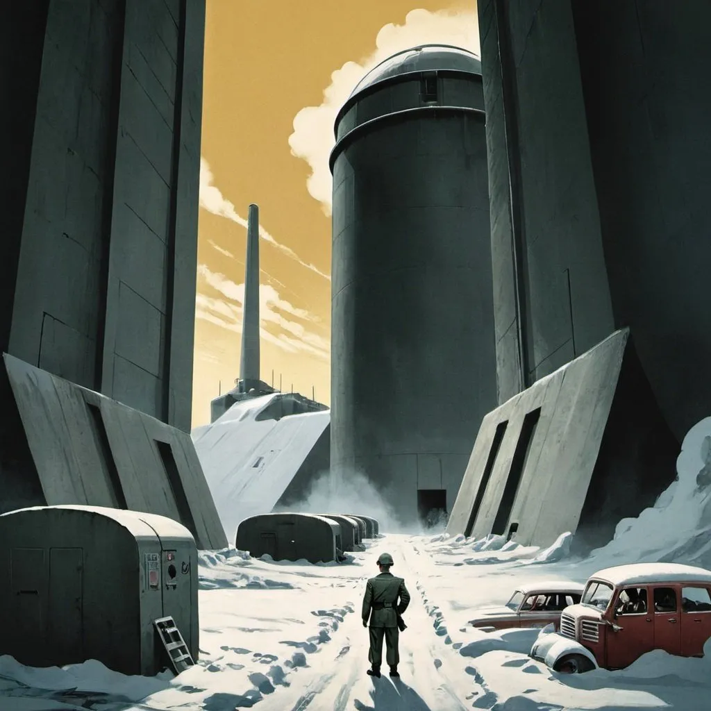 Prompt: Dystopian, poster, 50s, concept art, about bunkers, and USA cold war propaganda.
