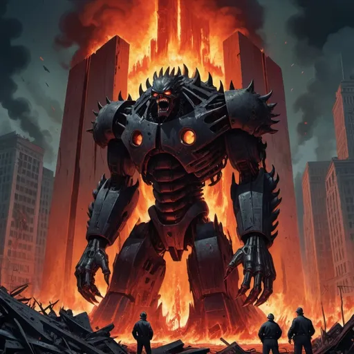 Prompt: Dystopian , poster, 50s, concept art, Bloody Boodies around a strange broken monolith of panels and dark tech, huge dark monster machine covered in flames. and USA 50's propaganda.

