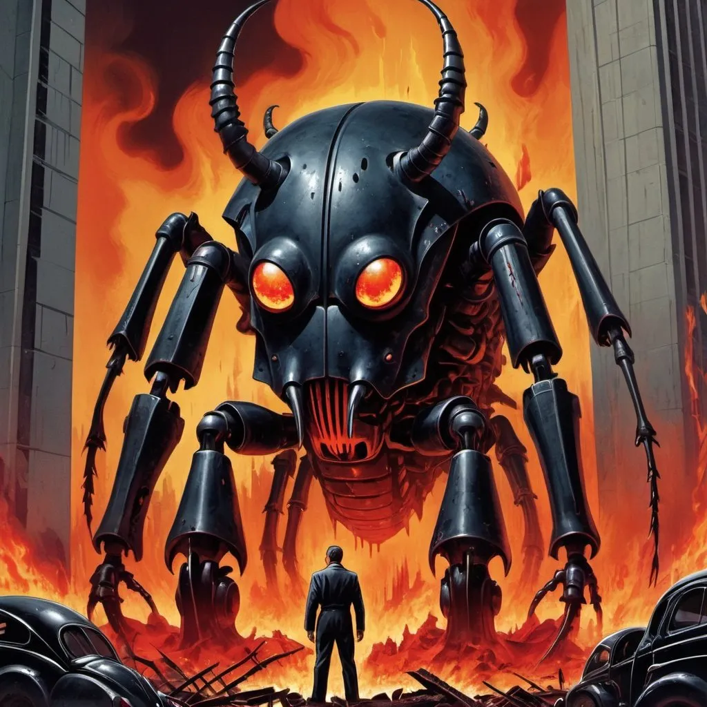 Prompt: Dystopian , poster, 50s, concept art, Bloody Boodies around a strange broken monolith of panels and dark tech, huge dark beetle monster machine covered in flames. and USA 50's propaganda.

