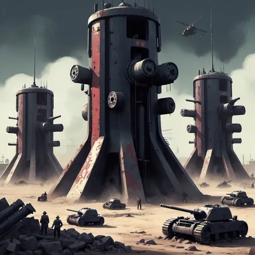 Prompt: Dystopian , poster, 50s, concept art, Dark bloddy tech Pillar, Bukers secure, emplacements, cannons, and 50's propaganda.


