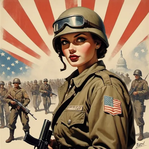 Prompt: Dystopian , poster, 50s, concept art, Bukers,secuirty,army,  and USA 50's propaganda.


