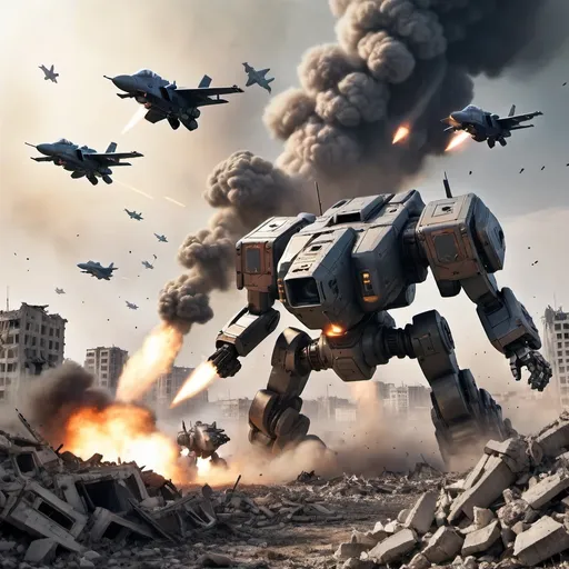 Prompt: Battle-tech Battlemechs on a field of rubble that was once a city, smoke rising on the horizon drop pod in the sky, under attack by fighter jets.