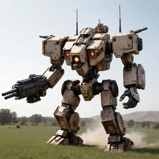 Prompt: Battle mech "Sentinel" on the open field, firing into the distance, with heavy battle damage.