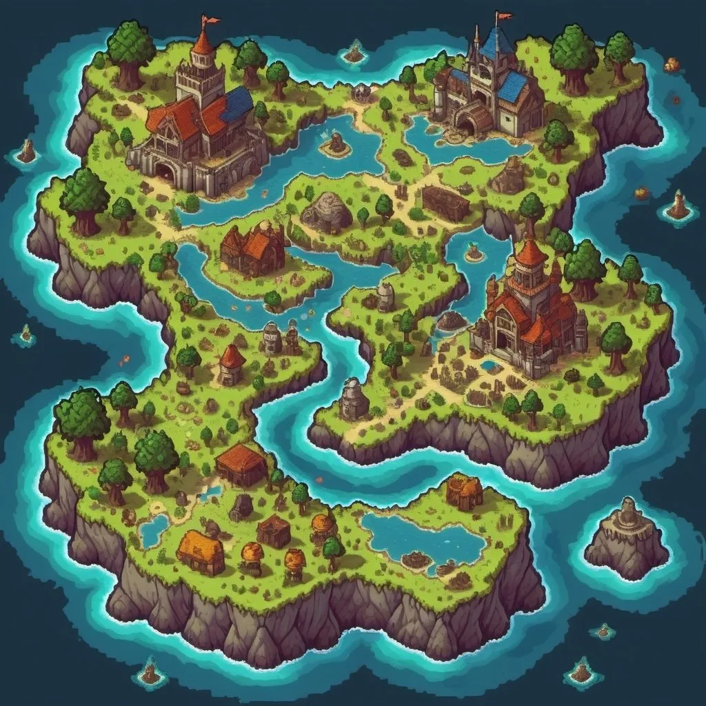 Prompt: Pixel art style: huge 2d top down fantasy world map