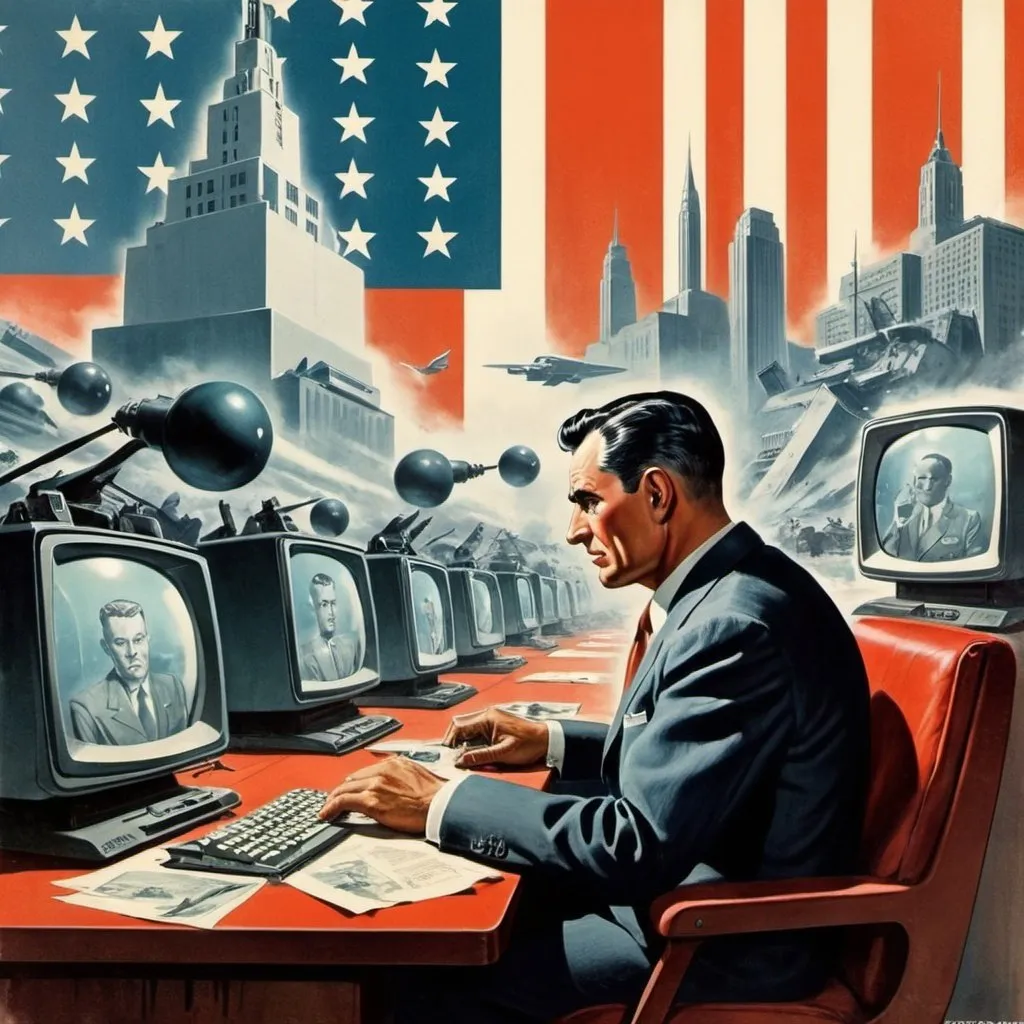 Prompt: Dystopian, poster, 50s, concept art, big internet business, and USA cold war propaganda.
