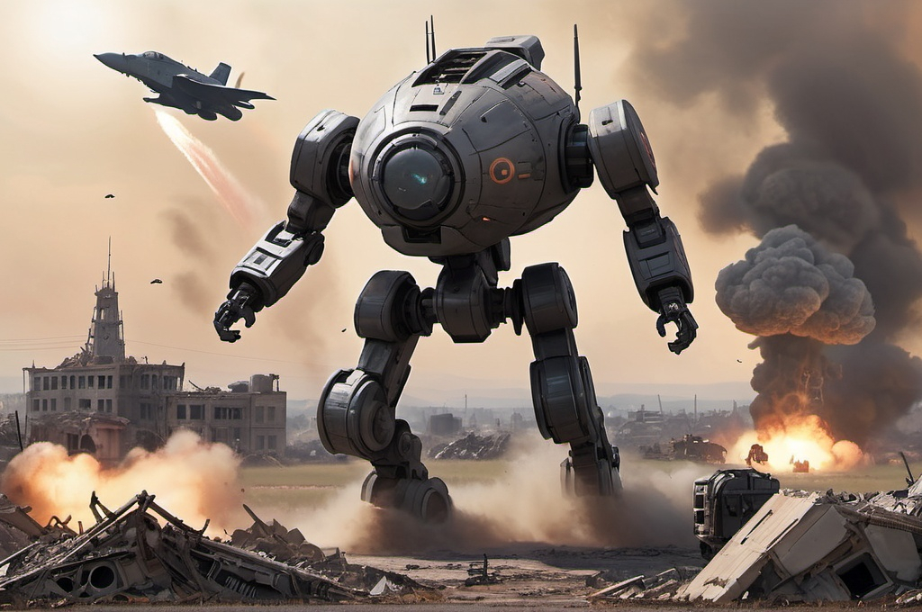 Prompt: mech's on a field of rubble that was once a city, smoke rising on the horizon, giant round drop pod in the sky, under attack by fighter jets.