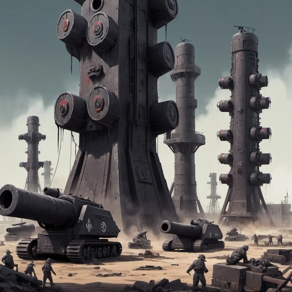 Prompt: Dystopian , poster, 50s, concept art, Dark bloddy tech Pillar, Bukers secure, emplacements, cannons, and 50's propaganda.


