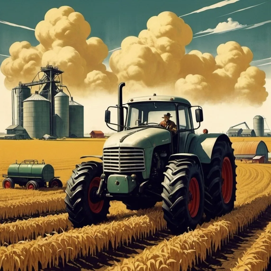 Prompt: Dystopian, poster, 50s, concept art, about farming industry, and USA cold war propaganda.
