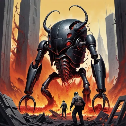 Prompt: Dystopian , poster, 50s, concept art, Bloody Boodies around a strange broken monolith of panels and dark tech, huge dark beetle monster machine covered in flames. and USA 50's propaganda.

