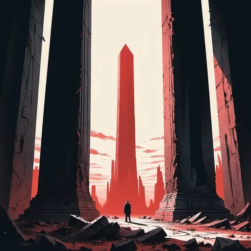 Prompt: Dystopian , poster, 50s, concept art, Bloody boodies around a strange broken monolith of panels and dark tech,  a man made of shadow shapes stands in front looking at the pillar. and USA 50's propaganda.

