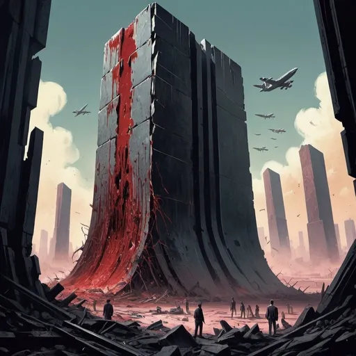 Prompt: Dystopian , poster, 50s, concept art, Bloody boodies around a strange broken monolith of panels and dark tech, and USA 50's propaganda.

