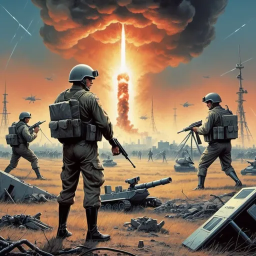 Prompt: Dystopian , battle field poster, 80s, concept art, telecommunications internet business, and USA 80's propaganda.
