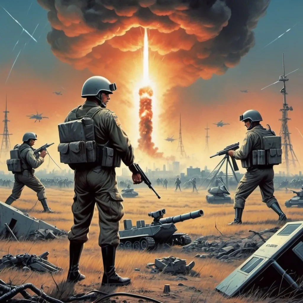 Prompt: Dystopian , battle field poster, 80s, concept art, telecommunications internet business, and USA 80's propaganda.
