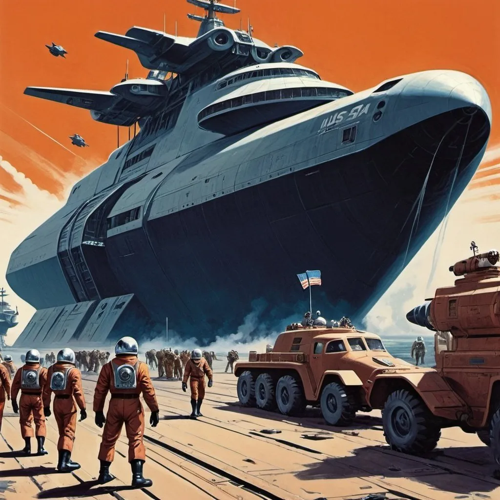 Prompt: Dystopian , poster, 50s, concept art, space Troops disembarking sci-fi ship on cargo laden landing pad, and USA 50's propaganda.


